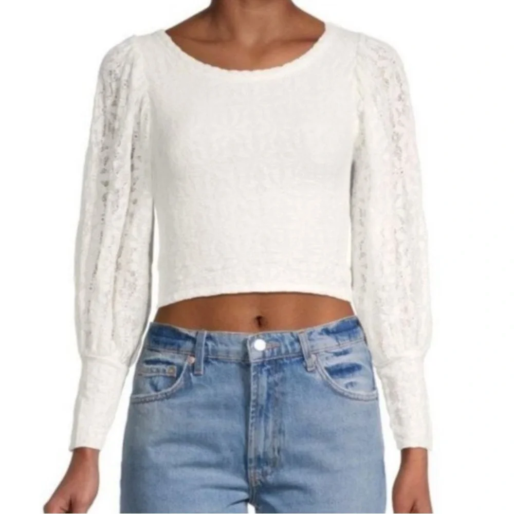 Free People Tea Time Cropped Balloon Sleeve White Top Size Medium